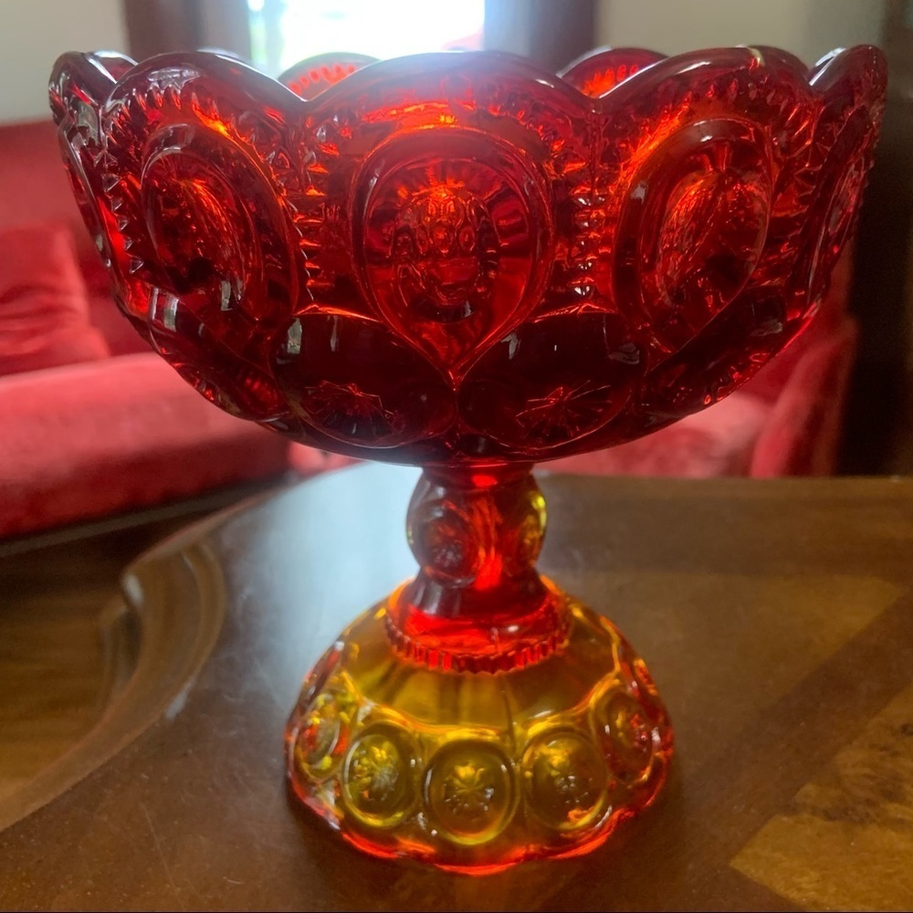 Vintage Mid Century Modern Moon & Stars Red Amberina Glass Round Pedestal Bowl - Picture 7 of 11